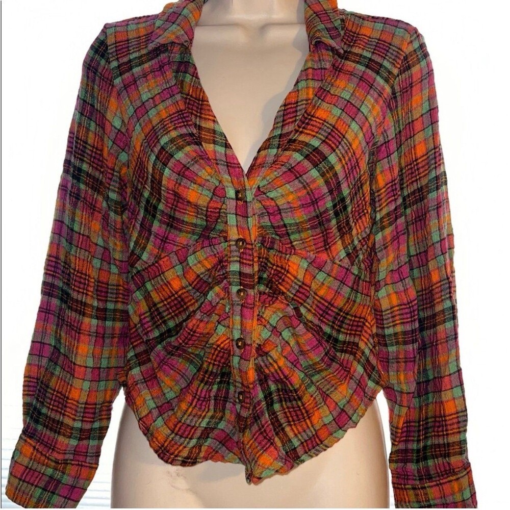 Anthropologie Pilcro runched plaid V neck button front top XXS/P